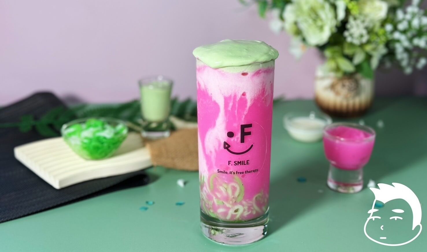 Pink Dragon smoothie with dragon fruit, coconut milk, pandan milk foam, and chewy noodles